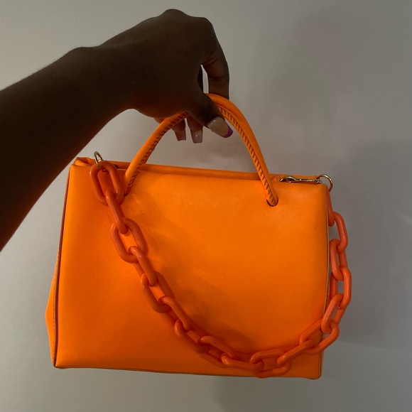 Double Handle Orange Handbag with Chain Strap - Picture 3 of 12